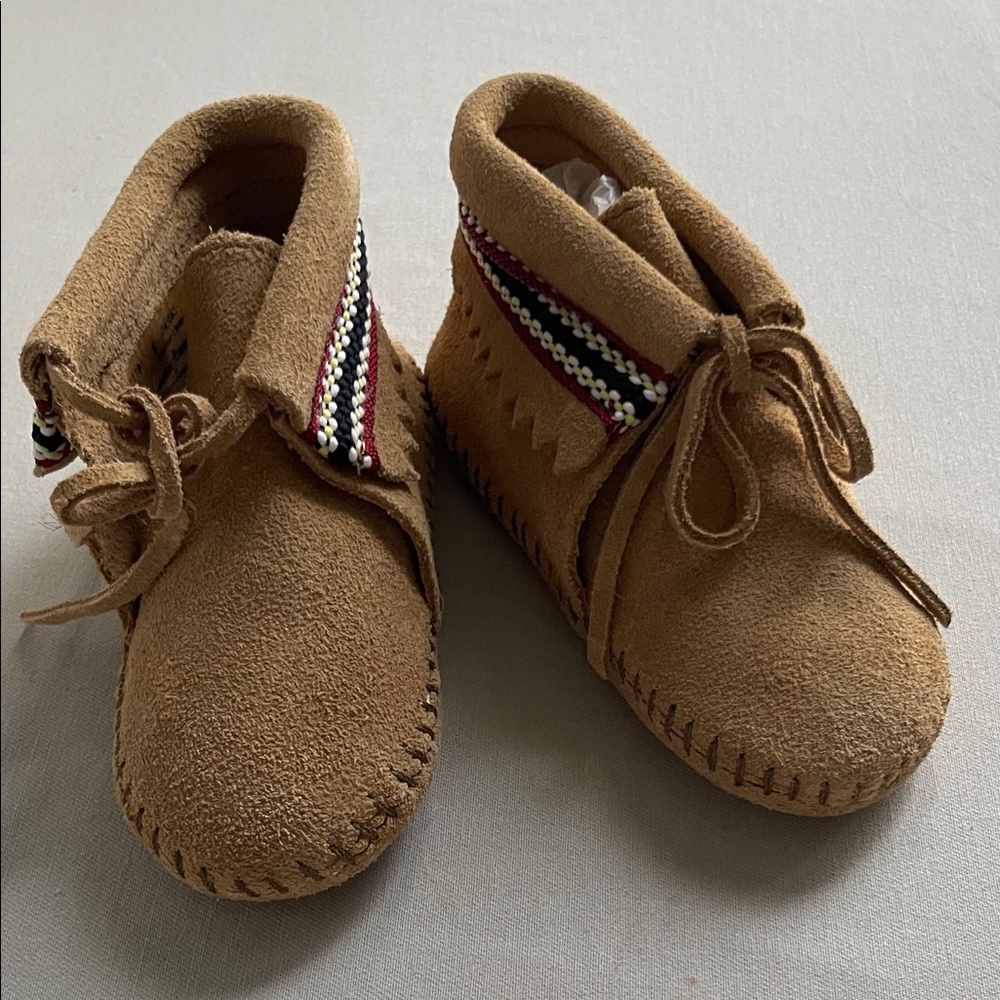 Minnetonka Tan Kids Moccasins with Beaded Accent